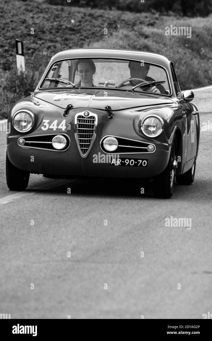 CAGLI , ITALY - OTT 24 - 2020 : ALFA ROMEO 1900 C SUPER SPRINT TOURING 1955 on an old racing car in rally Mille Miglia 2020 the famous italian histori Stock Photo