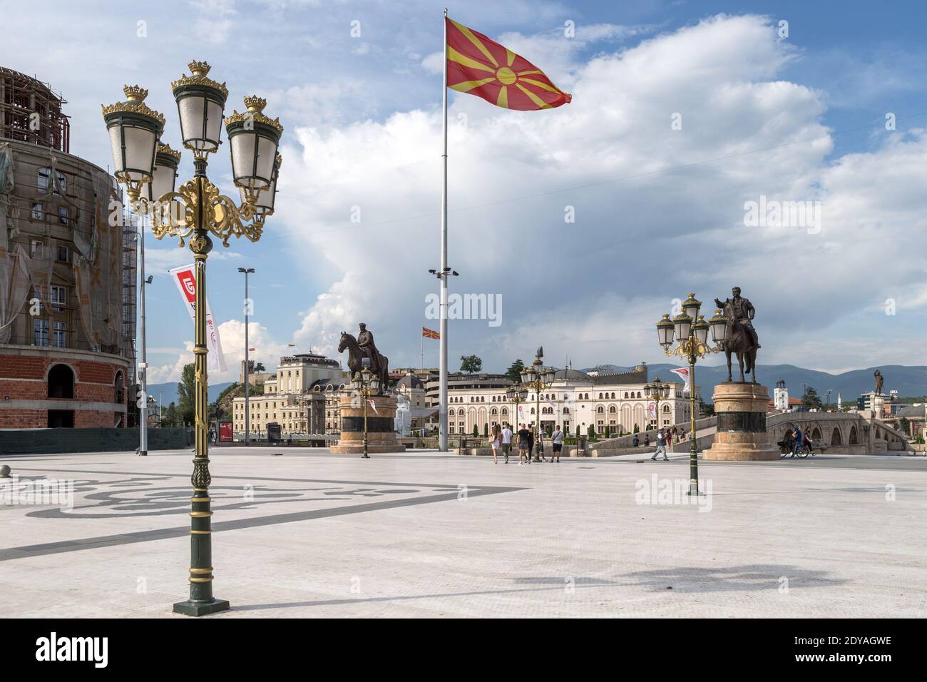 Macedonia Square, looking at Stone Bridge aka Dušan Bridge, with Statues of Goce Delchev & Dame Gruev, Skopje, Macedonia (FYROM), Republic of Northern Stock Photo