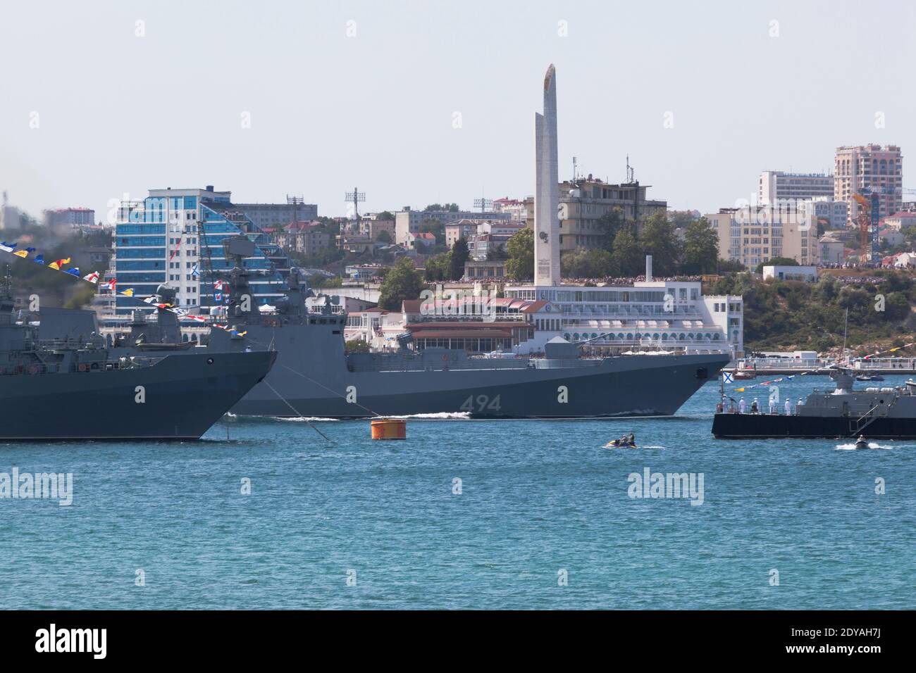 Sevastopol, Crimea, Russia - July 26, 2020: Frigate Admiral Grigorovich at the parade in honor of the Day of the Navy against the background of the he Stock Photo