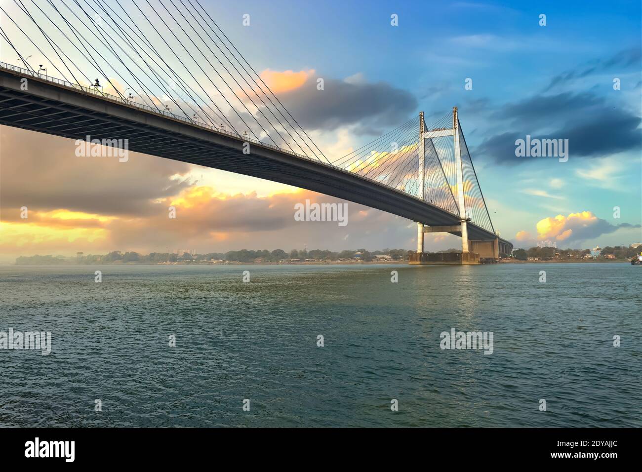 Vidyasagar Setu cable stayed bridge on river Ganges at Kolkata, India at sunrise Stock Photo