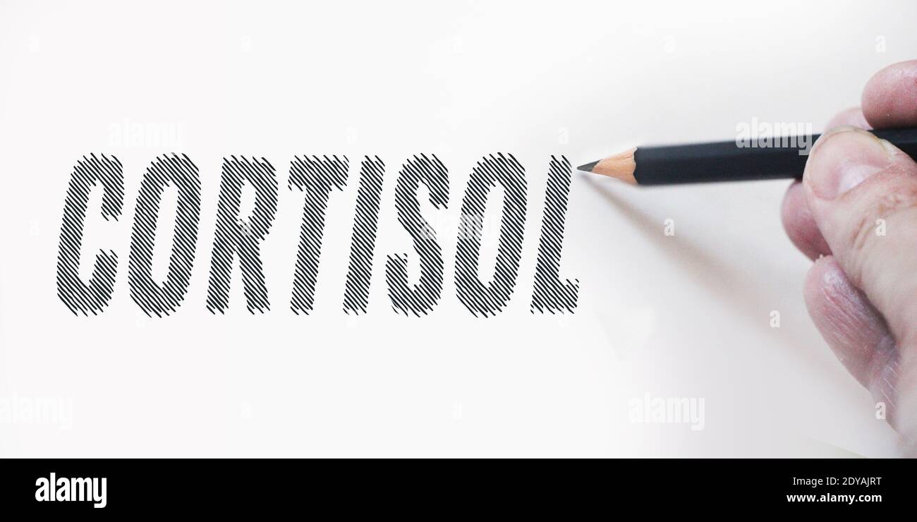 Title Cortisol written on a page and hand with pencil. Hormones healthcare medical concept. Stock Photo
