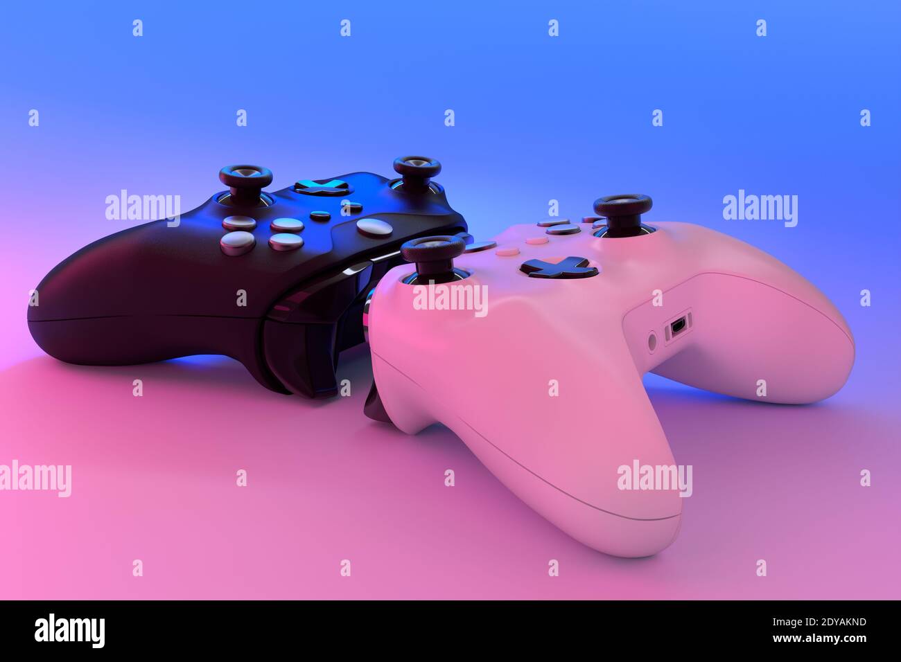 Realistic video game controllers in neon lights on white table ...