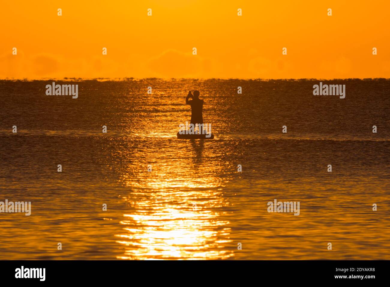 Mudeford, Dorset, UK.  25th December 2020.  UK Weather.   A paddle boarder is silhouetted against the golden sunrise which is reflected off the calm sea, viewed from Avon Beach at Mudeford in Dorset on a cold, clear sunny morning on Christmas Day.  Picture Credit: Graham Hunt/Alamy Live News Stock Photo