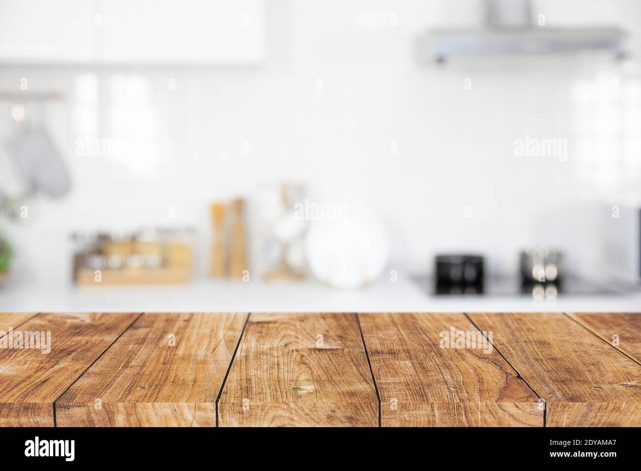 modern kitchen room with wooden table island blank space for products montage advertising background Stock Photo