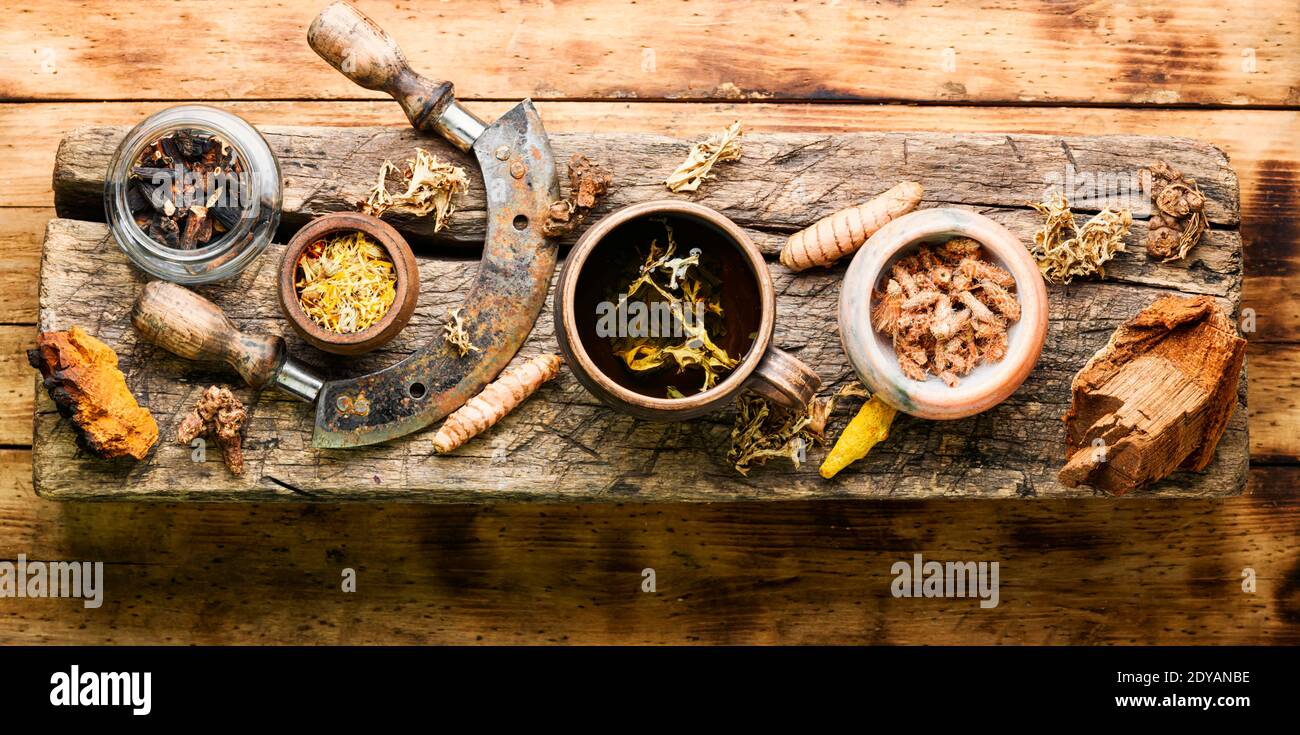 Herbal tea from medicinal herbs.Medicinal plants and roots in herbal