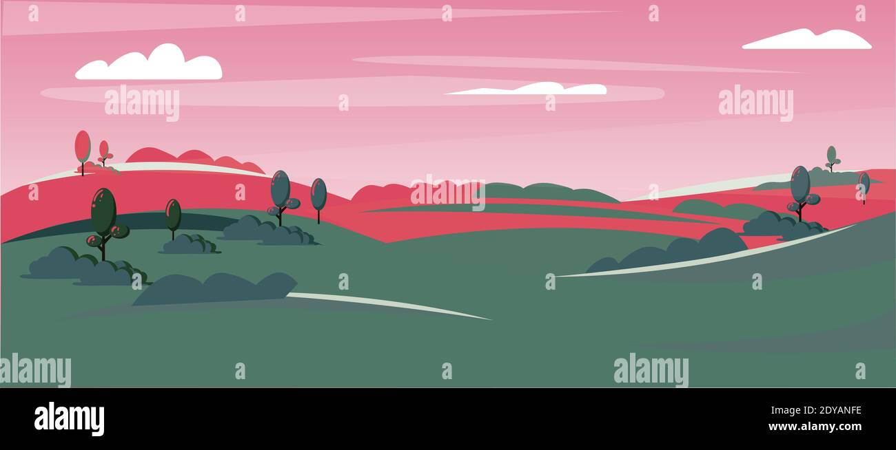 Fields landscape vector illustration. Landscape background. Sunset view Stock Vector
