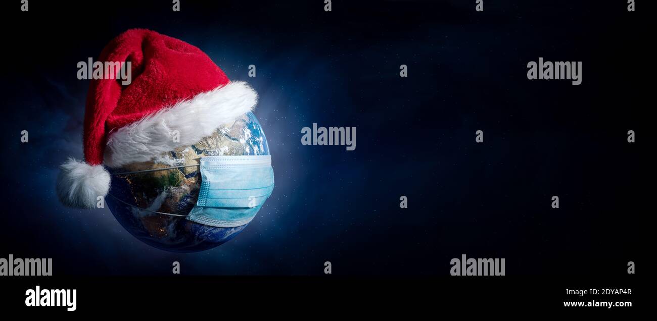 Earth With Surgical Mask and Santa Hat Banner - Virus Infection Covid 19 - World with Coronavirus - Christmas Concept 3D Illustration Stock Photo