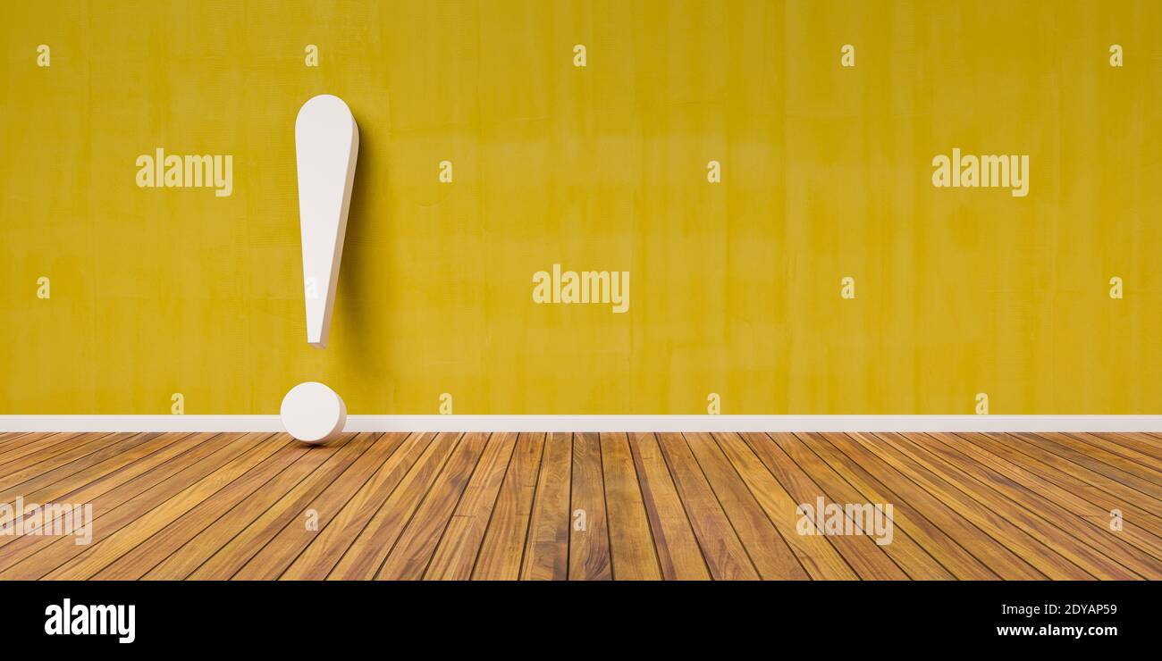 White exclamation mark on wooden floor and yellow concrete wall 3D Illustration Warning Concept Stock Photo