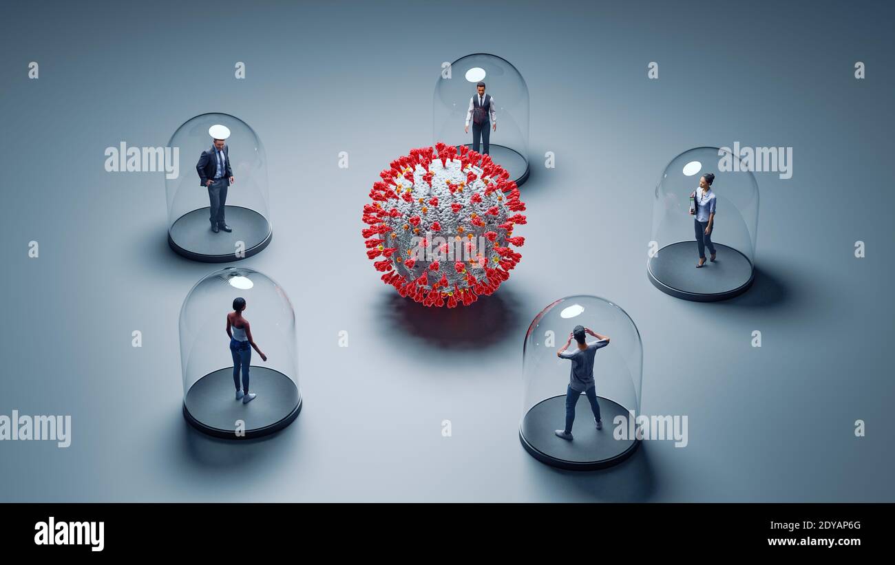 Coronavirus Covid19 protection - Isolated people under glass cover - Social distancing concept. 3D Illustration - People are 3D Models with CC0-Licens Stock Photo
