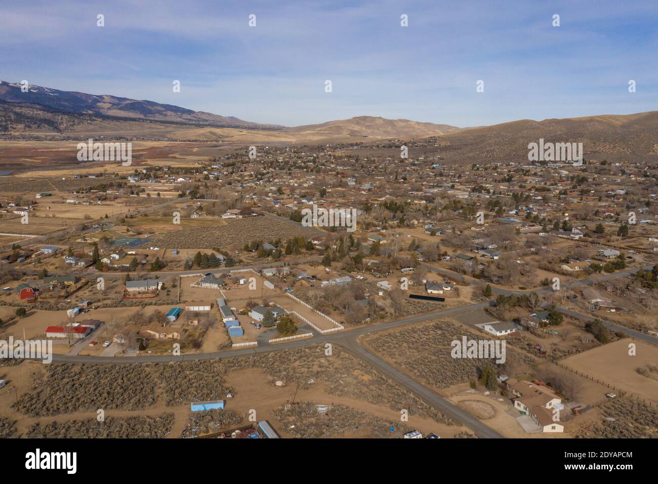 NEW WASHOE CITY, NEVADA, UNITED STATES - Dec 24, 2020: Homes sit on spacious residential parcels in the unincorporated community of New Washoe City. Stock Photo
