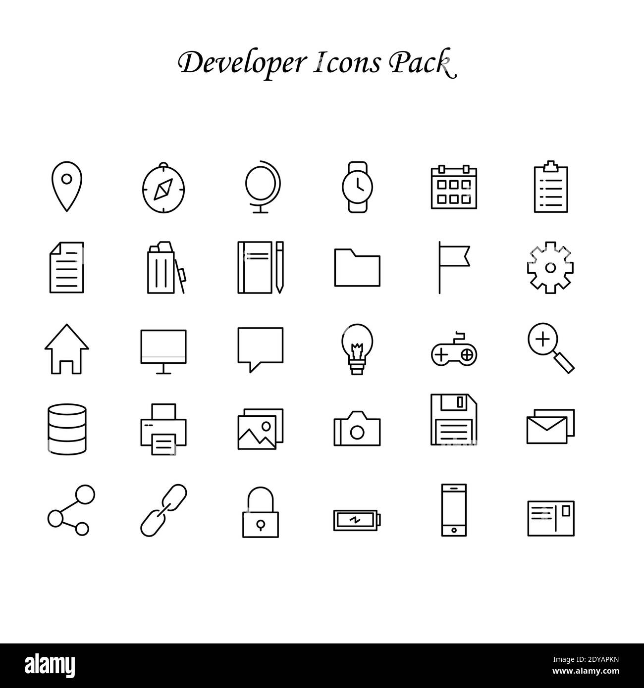 Icon pack for developers with 30 different and varied pieces in black and white line Stock Vector