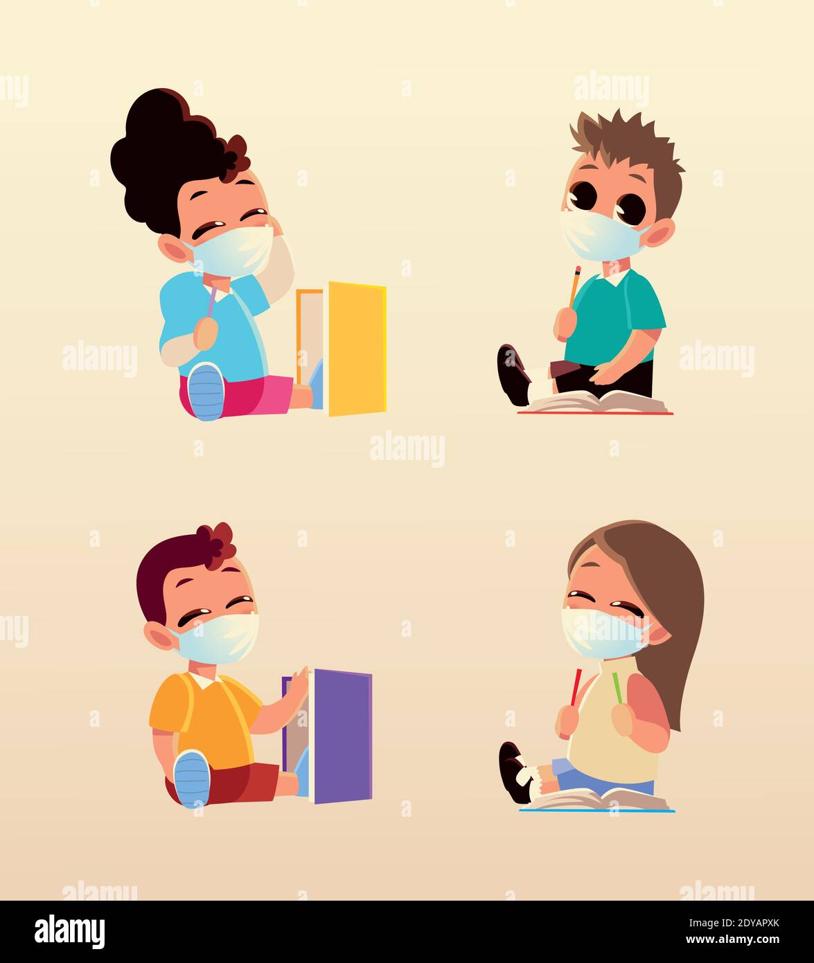 Back to school of kids with medical masks design, social distancing and ...