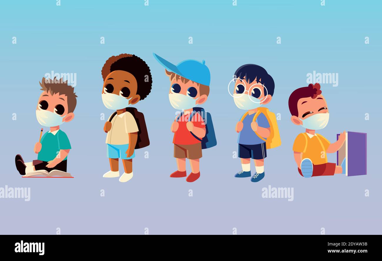 Back to school of boys kids with medical masks design, social ...
