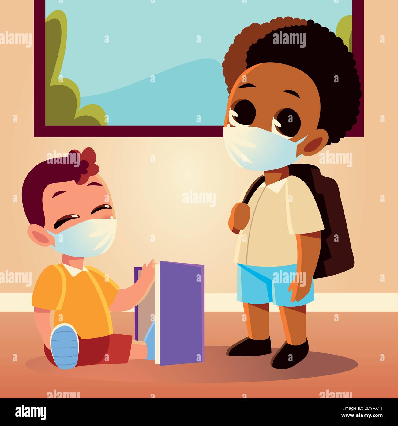 Back to school of boys with medical masks and notebook design, social ...