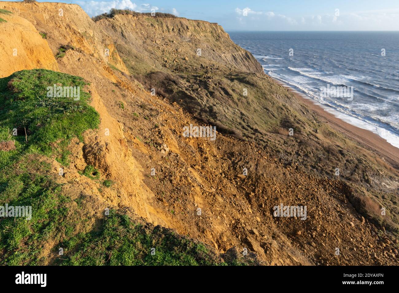 View of a landslide on the south west coastpath between West Bay and Eype in Dorset Stock Photo