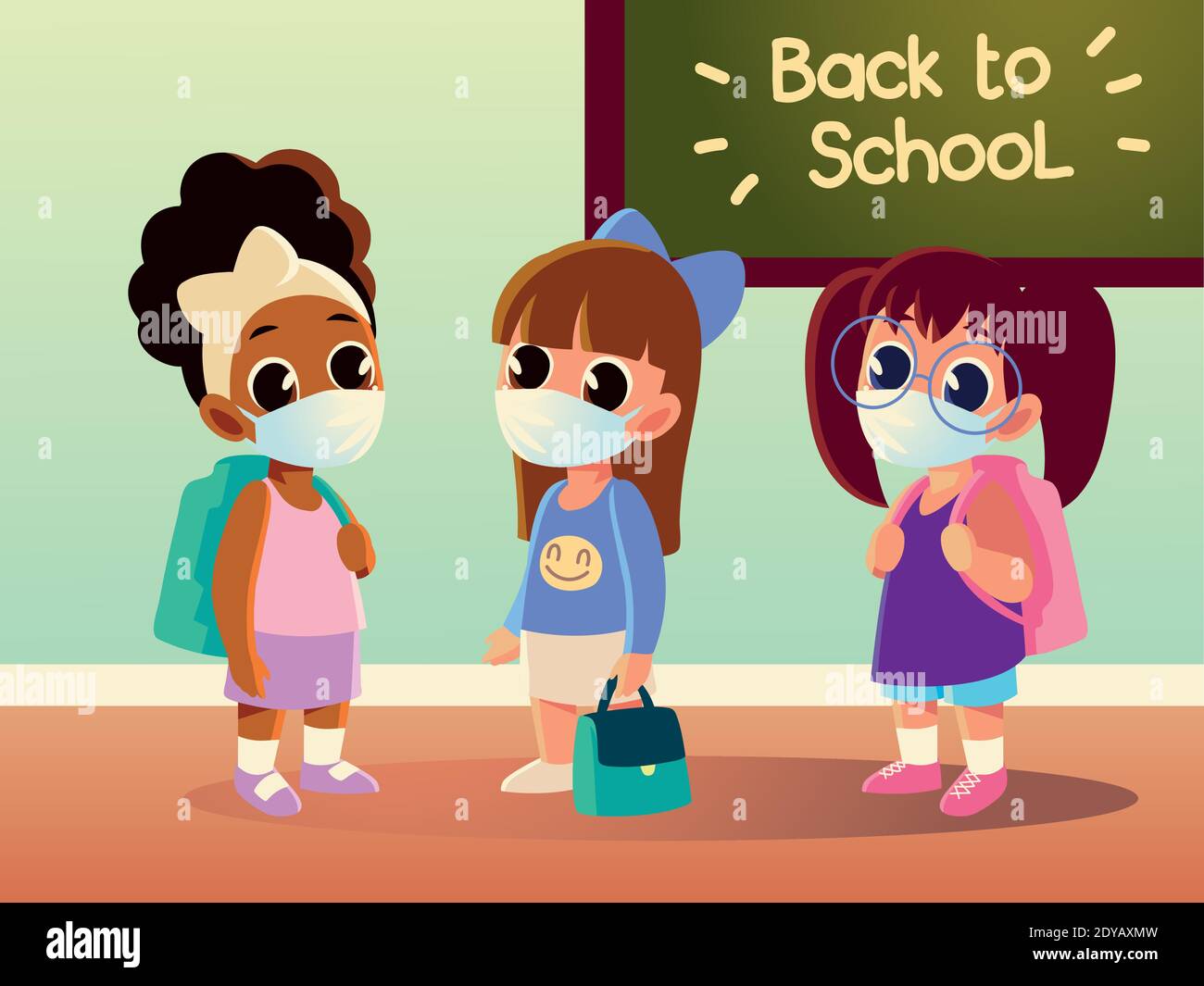 Back to school of girls kids with medical masks and board design ...