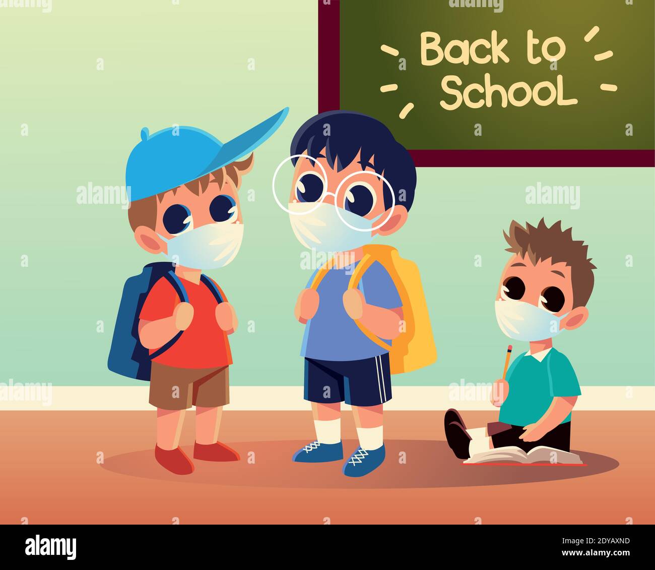 Back to school of boys with medical masks design, social distancing and education theme Vector illustration Stock Vector