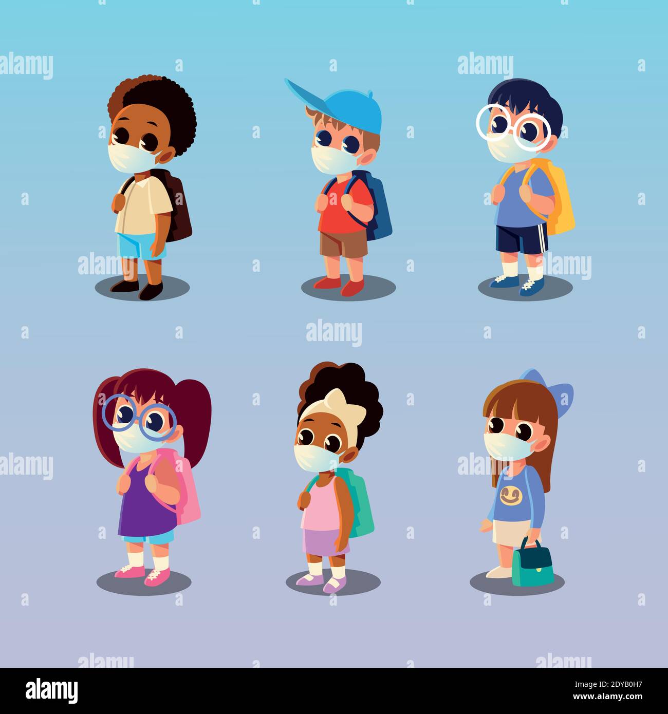 Back to school of boys and girls with medical masks design, social ...