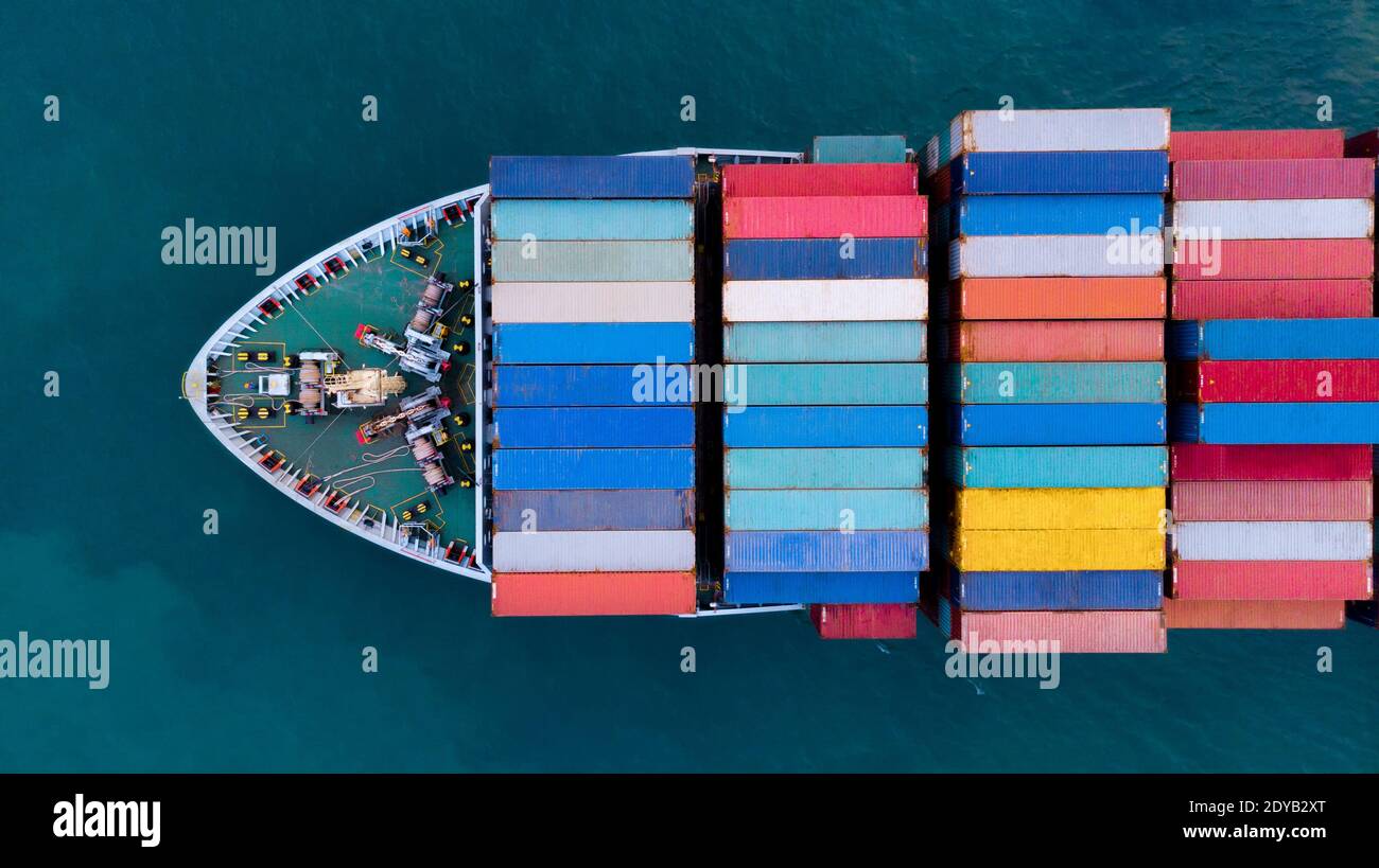 Aerial View Of Container Ship Sailing In Sea Stock Photo