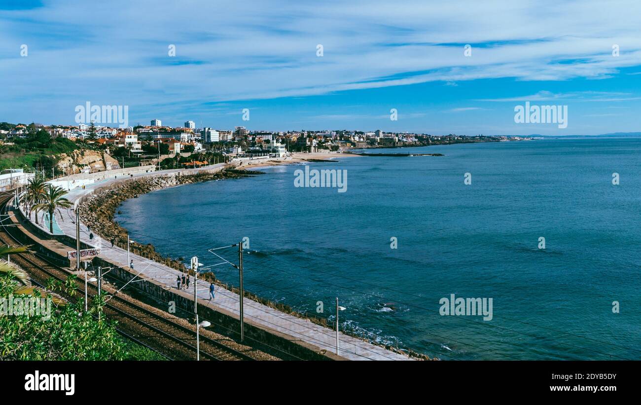 High perspective view of promenade towards Estoril in Portugal Stock Photo