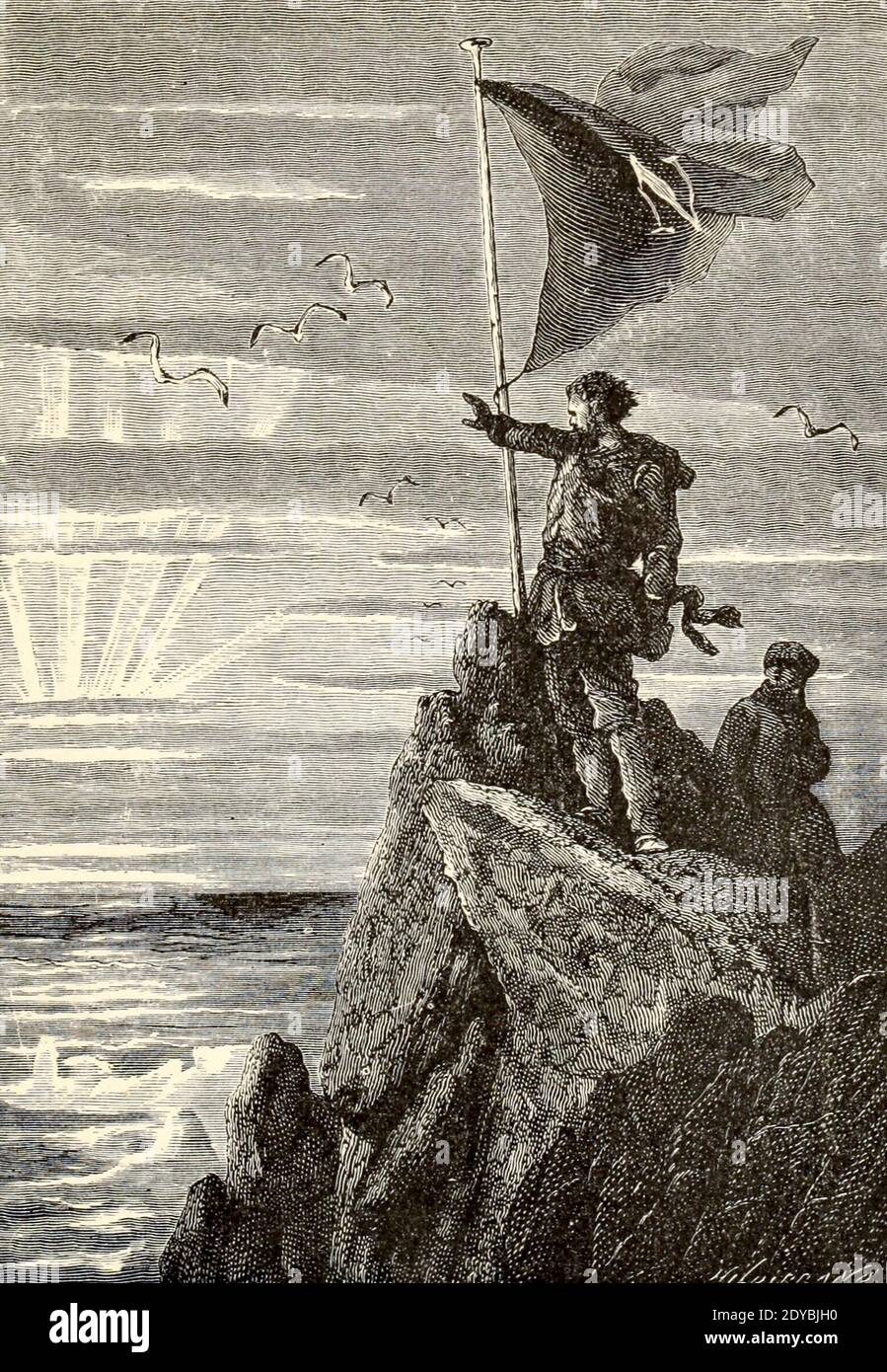 The Captain exclaimed, ' Adieu, sun ! Disappear, thou radiant orb ! ' From the Book Twenty thousand leagues under the seas, or, The marvelous and exciting adventures of Pierre Aronnax, Conseil his servant, and Ned Land, a Canadian harpooner by Verne, Jules, 1828-1905 Published in Boston by J.R. Osgood in 1875 Stock Photo