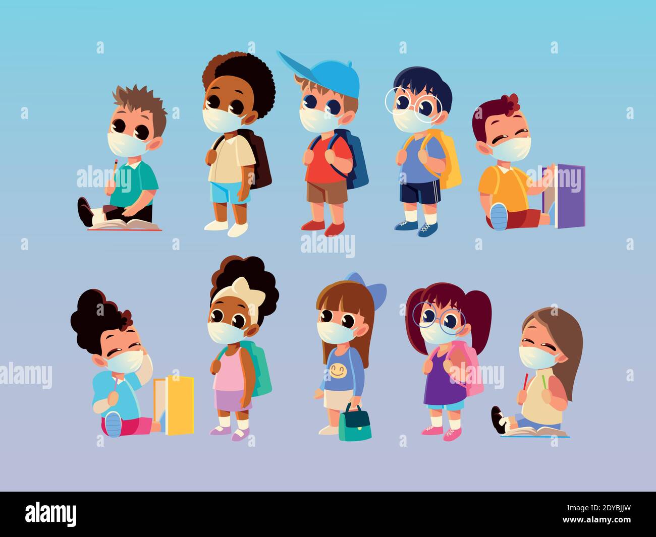 Back to school of boys and girls with medical masks design, social ...