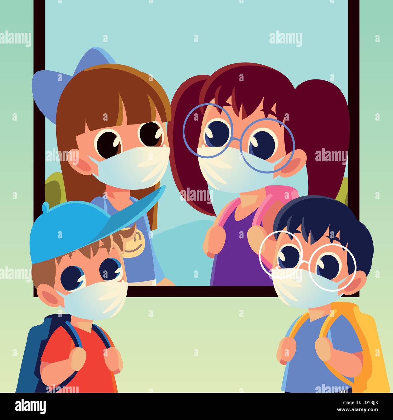 Back to school of kids with medical masks design, social distancing and ...