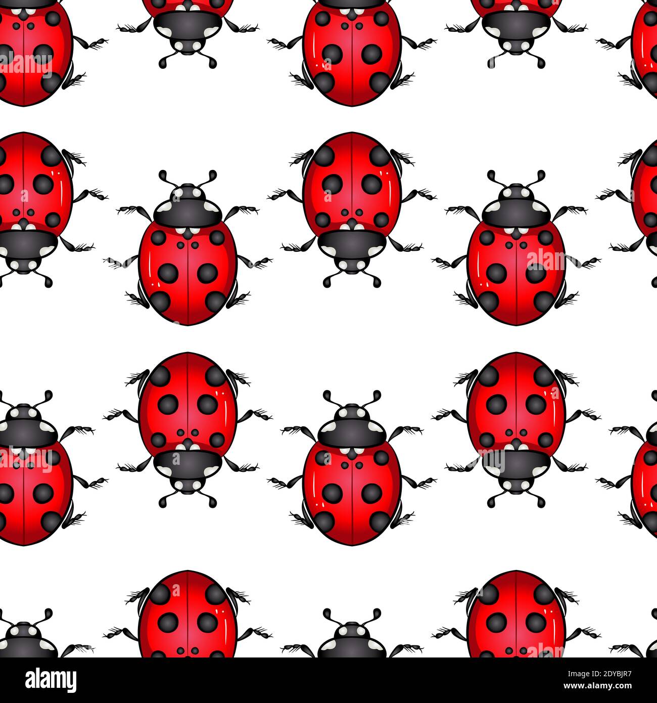 Cartoon colorful bright ladybug beetle isolated on white background. Seamless pattern. Vector illustration in hand drawn style. Texture for print, banner, textile, wrapping paper Stock Vector
