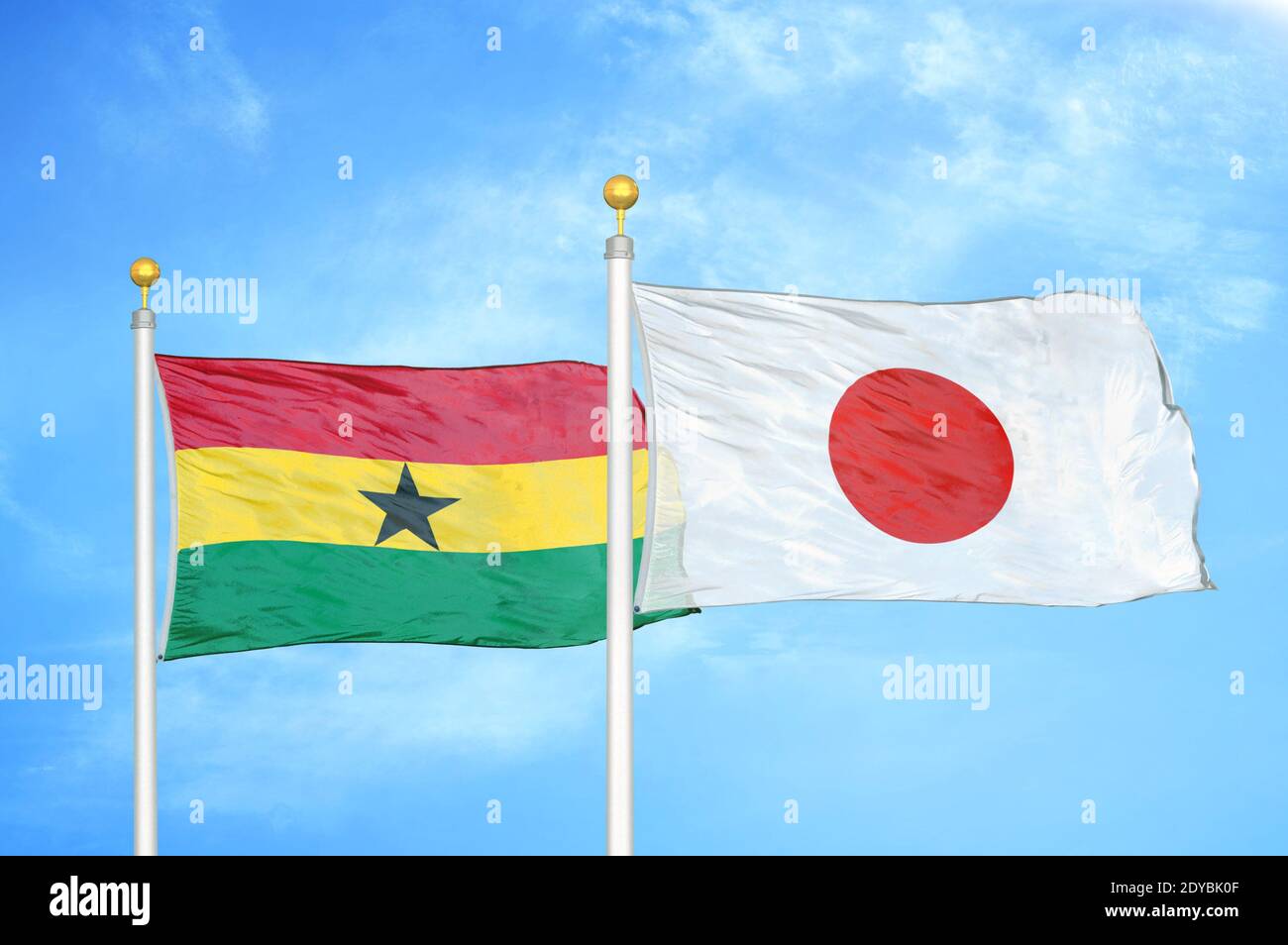 Ghana and Japan two flags on flagpoles and blue sky Stock Photo