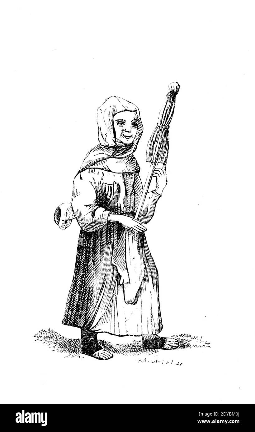 Woman with distaff for spinning wool From the Book 'Danes, Saxons and Normans : or, Stories of our ancestors' by Edgar, J. G. (John George), 1834-1864 Published in London in 1863 Stock Photo