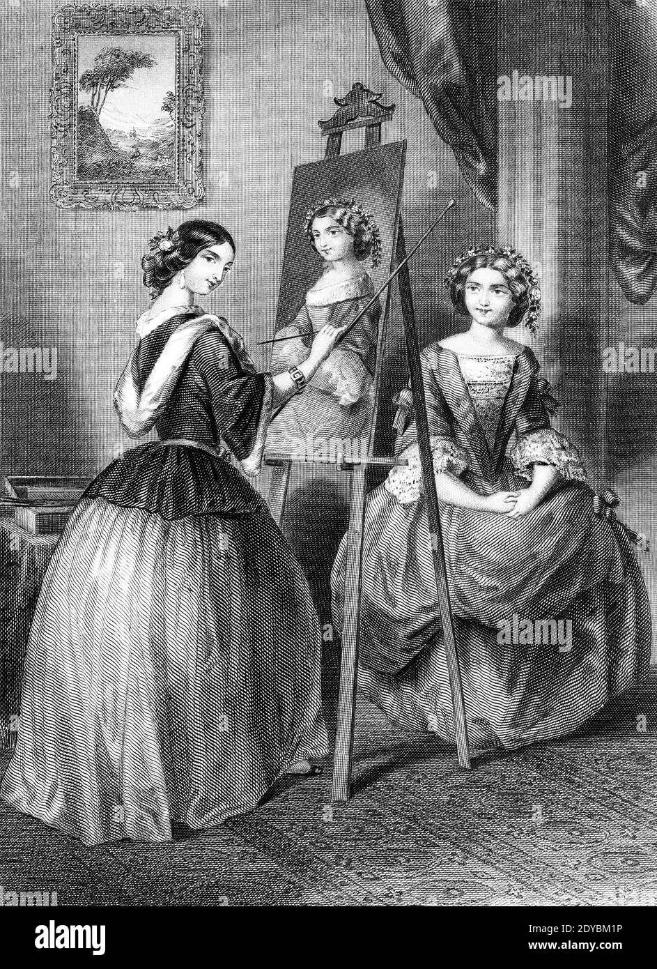 A Tableau Picture female artist paints a portrait of a female model From Godey's Lady's Book and Magazine, January 1864, Philadelphia, Louis A. Godey, Sarah Josepha Hale, Stock Photo