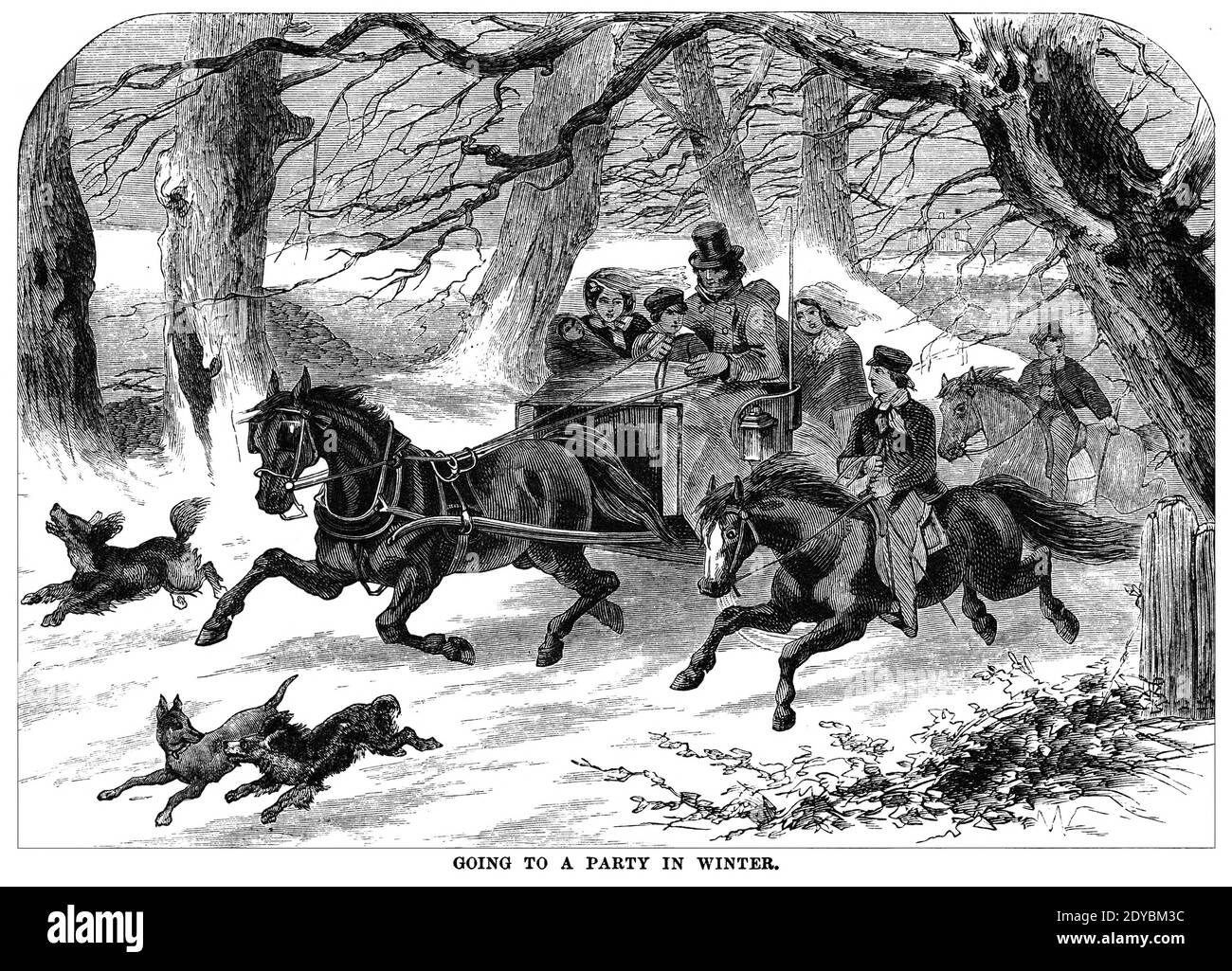 Going to a Party in Winter From Godey's Lady's Book and Magazine, January 1864, Philadelphia, Louis A. Godey, Sarah Josepha Hale, Stock Photo