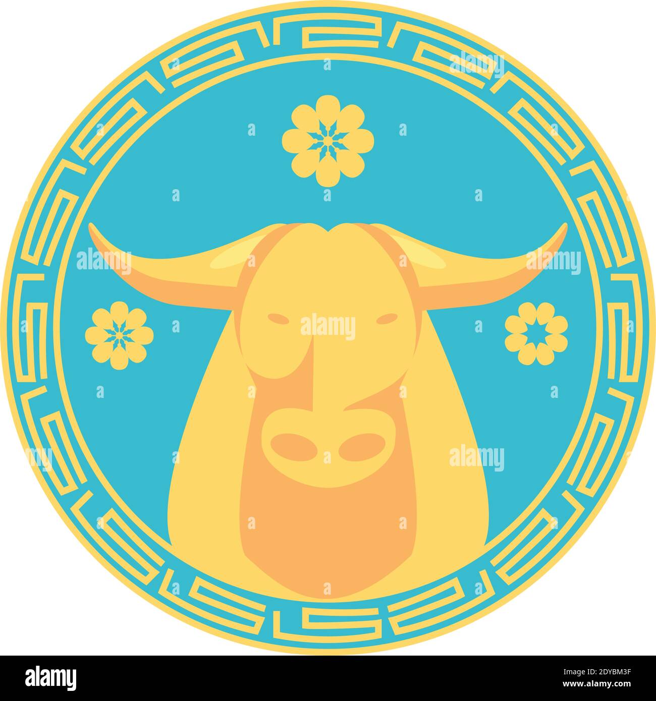 Chinese new year 2021 bull on seal stamp with flowers design, China