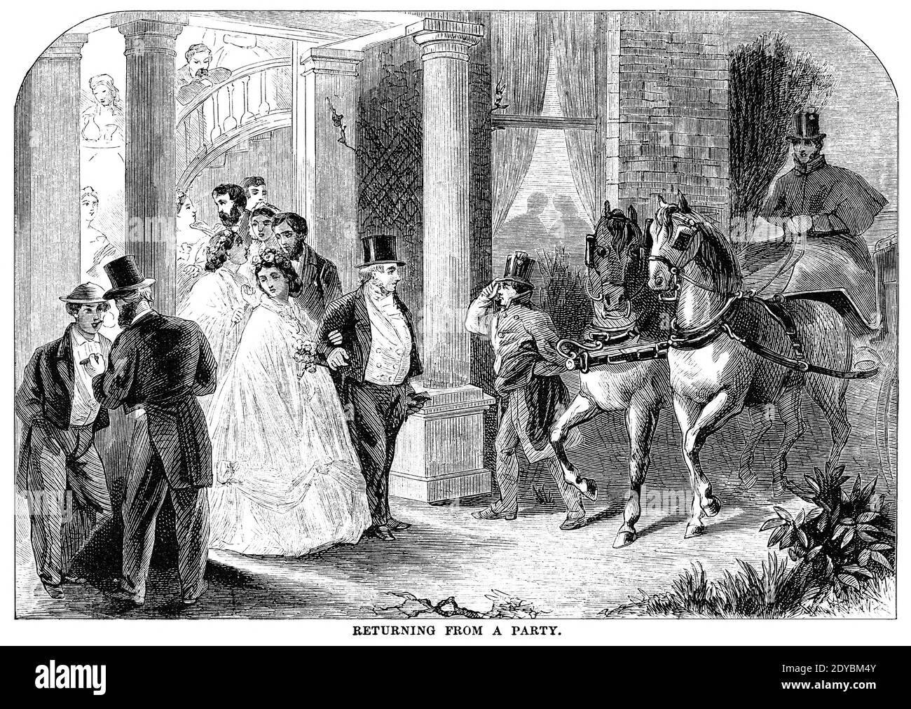 Returning from a Party From Godey's Lady's Book and Magazine, January 1864, Philadelphia, Louis A. Godey, Sarah Josepha Hale, Stock Photo