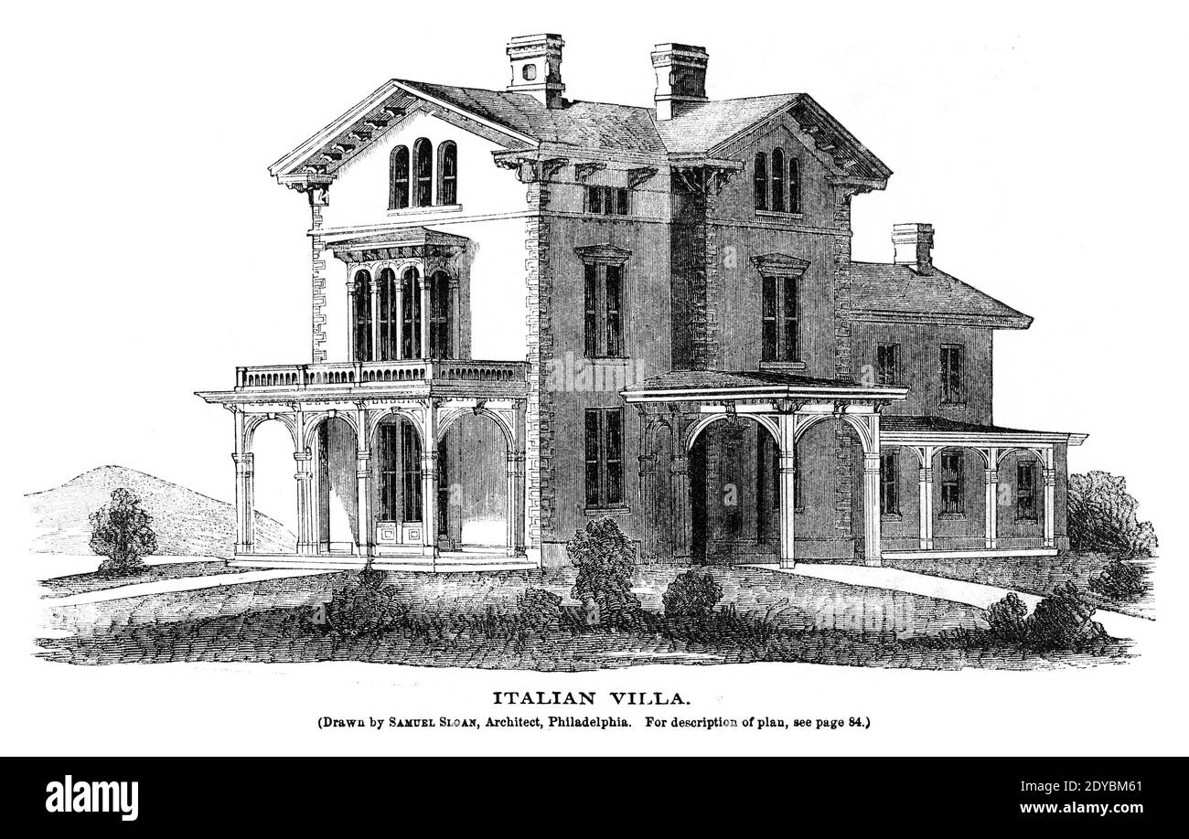 Italian Villa From Godey's Lady's Book and Magazine, January 1864, Philadelphia, Louis A. Godey, Sarah Josepha Hale, Stock Photo