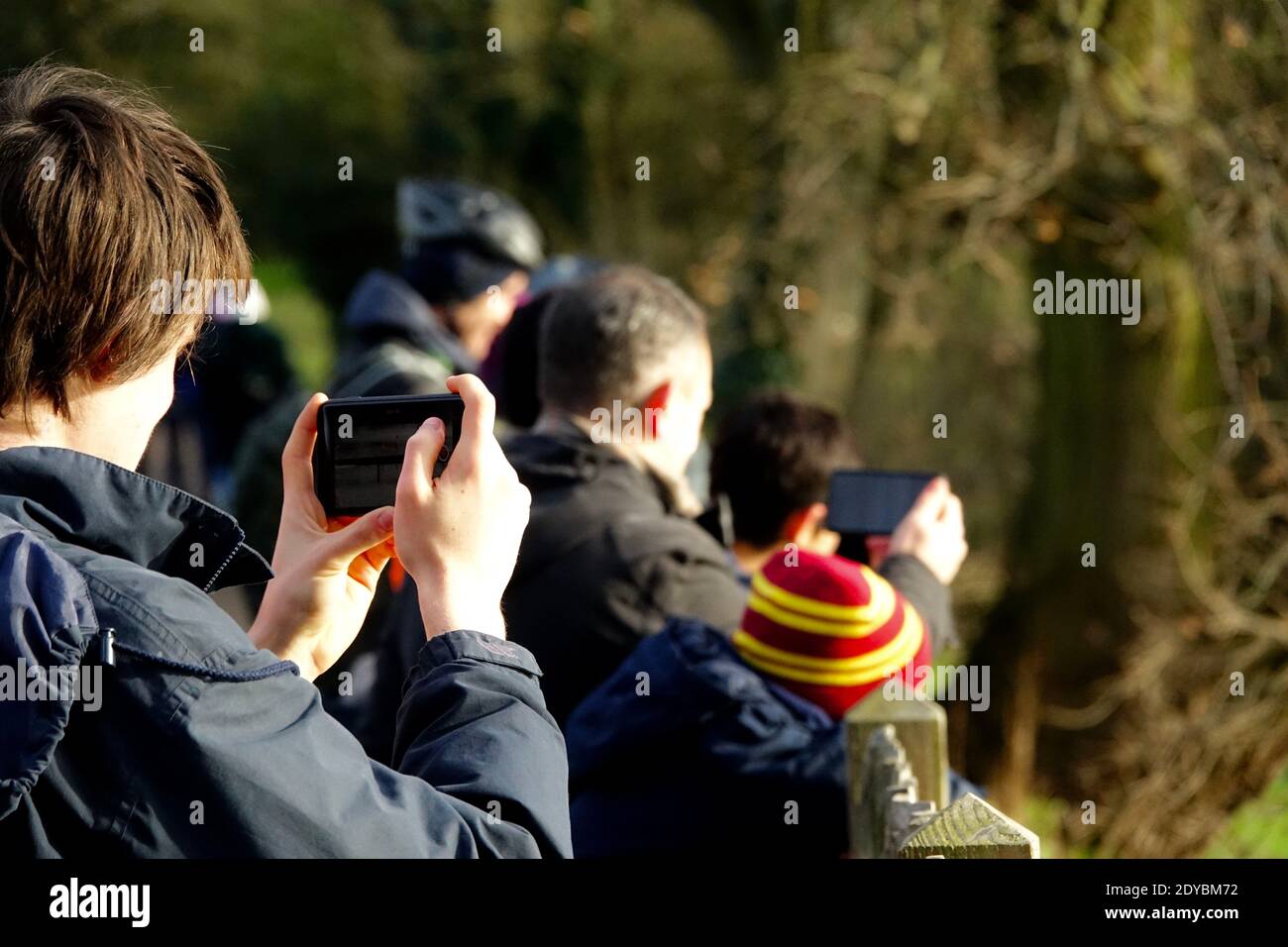 Spectators at Hampstead Men’s Pond take photos on smartphone of Annual Christmas swimming event Christmas Day 2020 Stock Photo