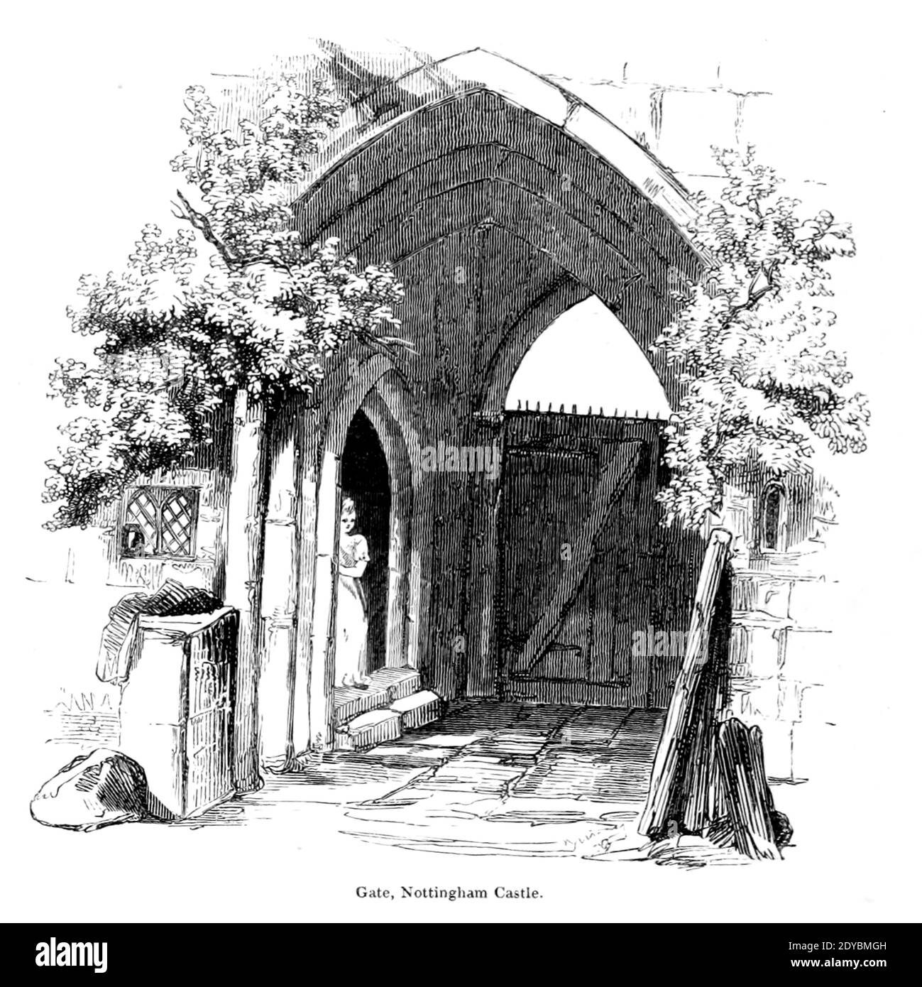 Gate, Nottingham Castle From the book The wanderings of a pen and pencil by Palmer, F. P. (Francis Paul); Illustrated by Crowquill, Alfred, [Alfred Henry Forrester]  Published in London by Jeremiah How in 1846 Stock Photo