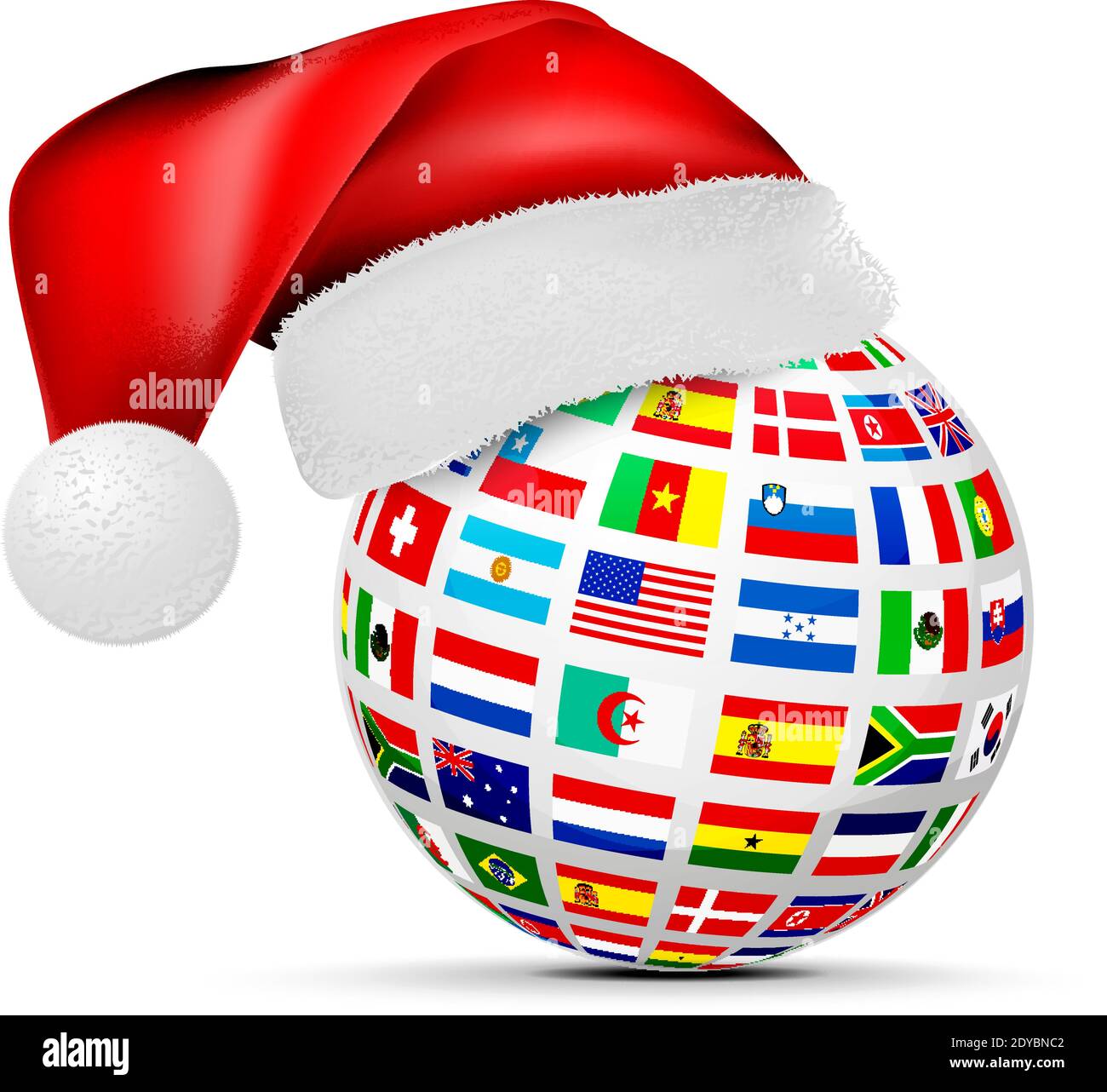 A sphere of national flags in a cap of a santa claus. Concept for studying foreign languages, logistics or travel. Vector illustration on white backgr Stock Vector