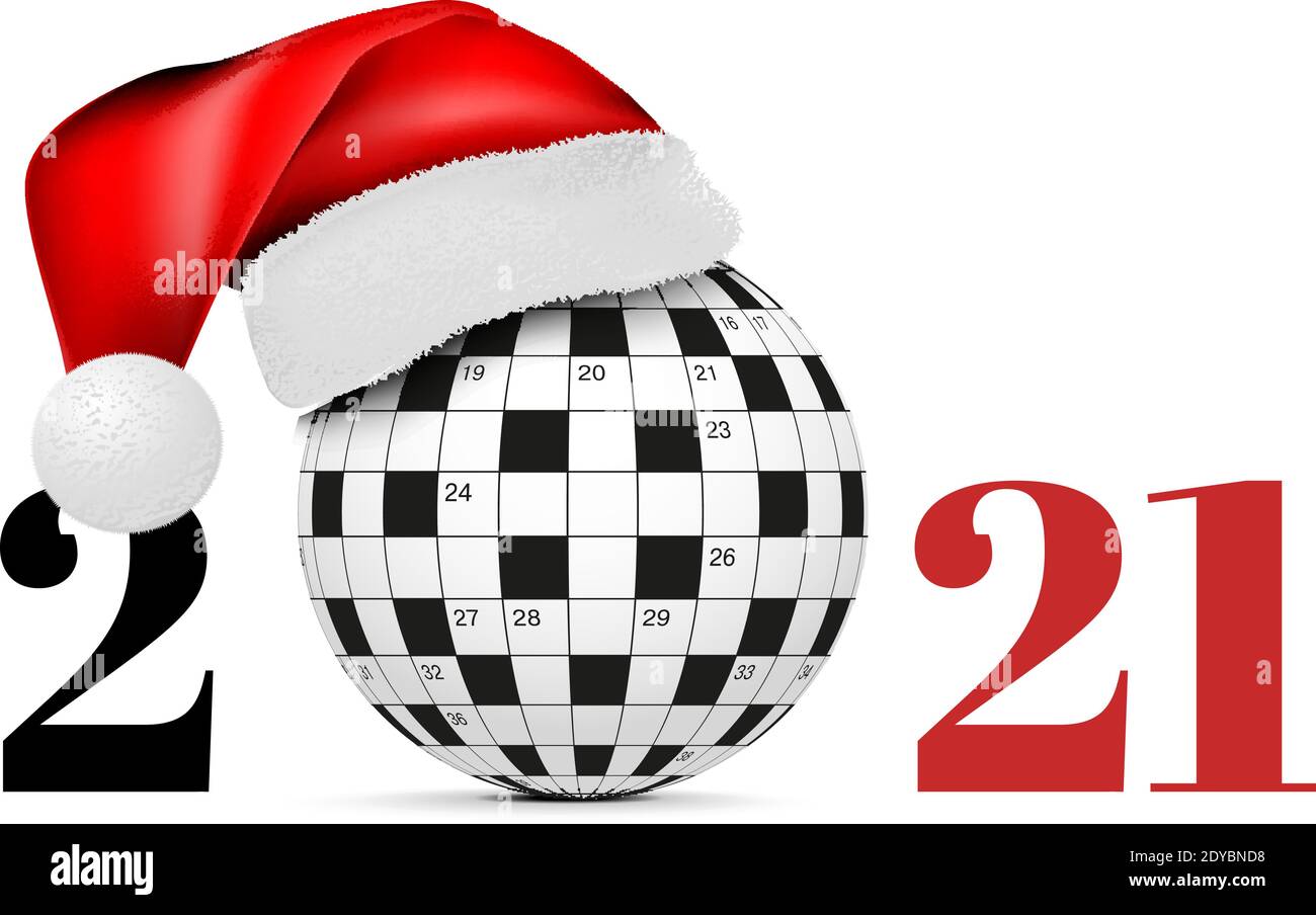 Sphere from a crossword grid in a santa class hat. Vector illustraion on white background. 2021 Happy New Year Stock Vector