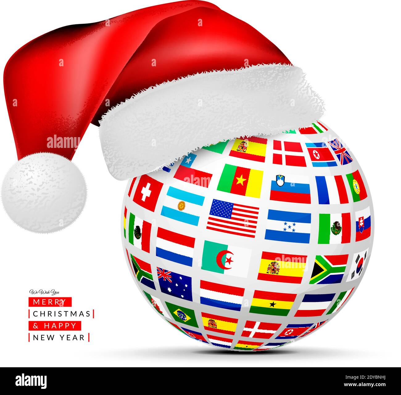 A sphere of national flags in a cap of a santa claus. Concept for studying foreign languages, logistics or travel. Vector illustration on white backgr Stock Vector