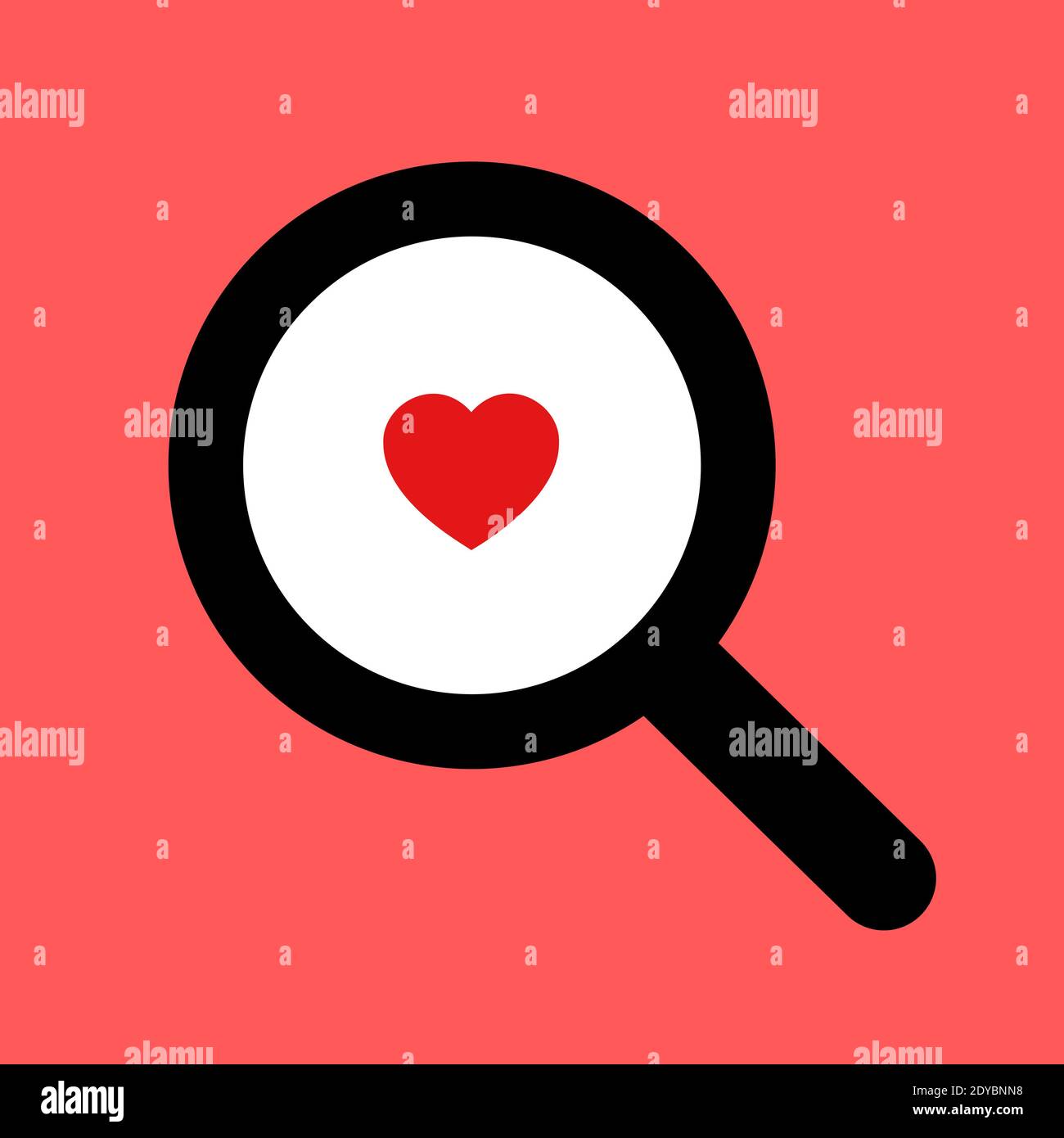 Magnifying glass and red heart as metaphor of searching and finding of love. Seeking for romantic partner and significant other through dating agency Stock Photo