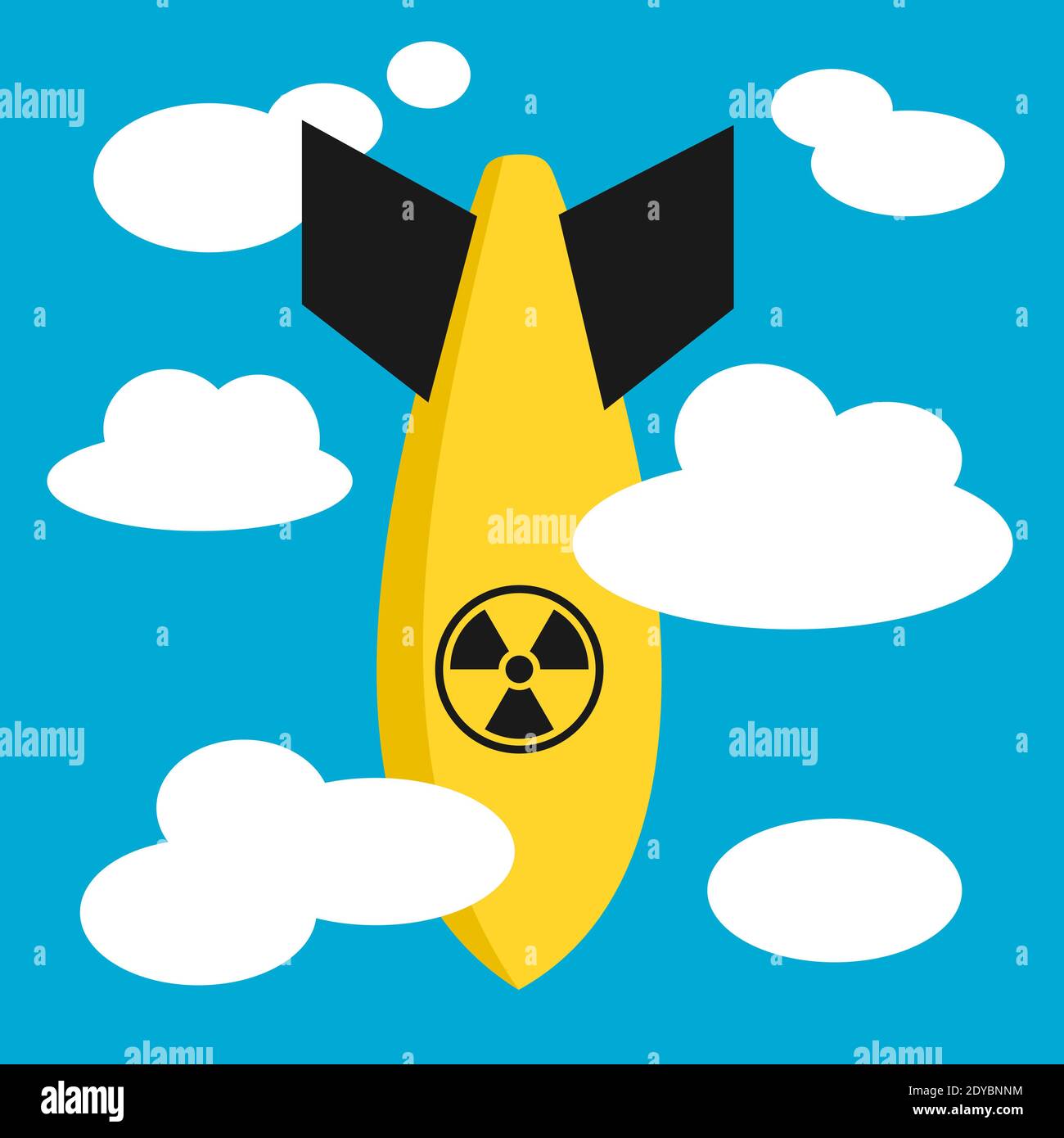 Flat design vector of falling yellow nuclear bomb. Blue sky and white clouds around Stock Photo
