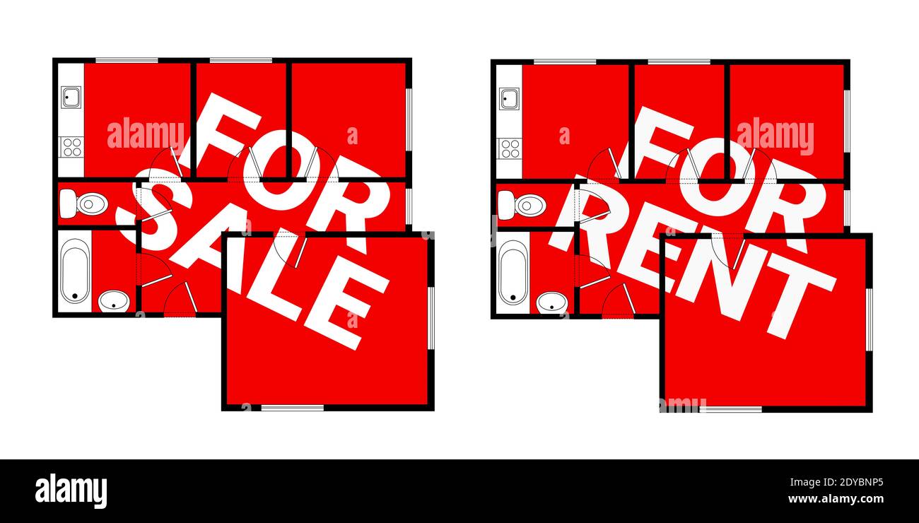 Flat and apartment is for sale / fore rent. Offer to buy or rent place for living and housing. Ownership and lodging of real estate. Vector illustrati Stock Photo