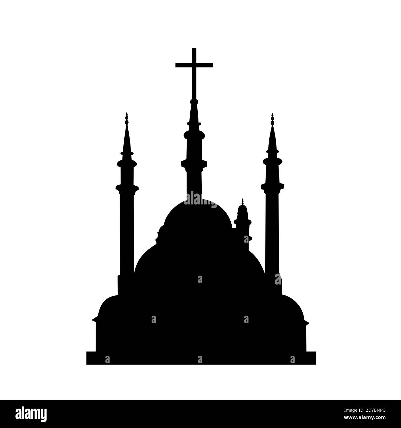 Sacral and religious building and architecture of Islam and Christianity - islamic and muslim mosque with minaret and Christian cross on the top. Unit Stock Photo