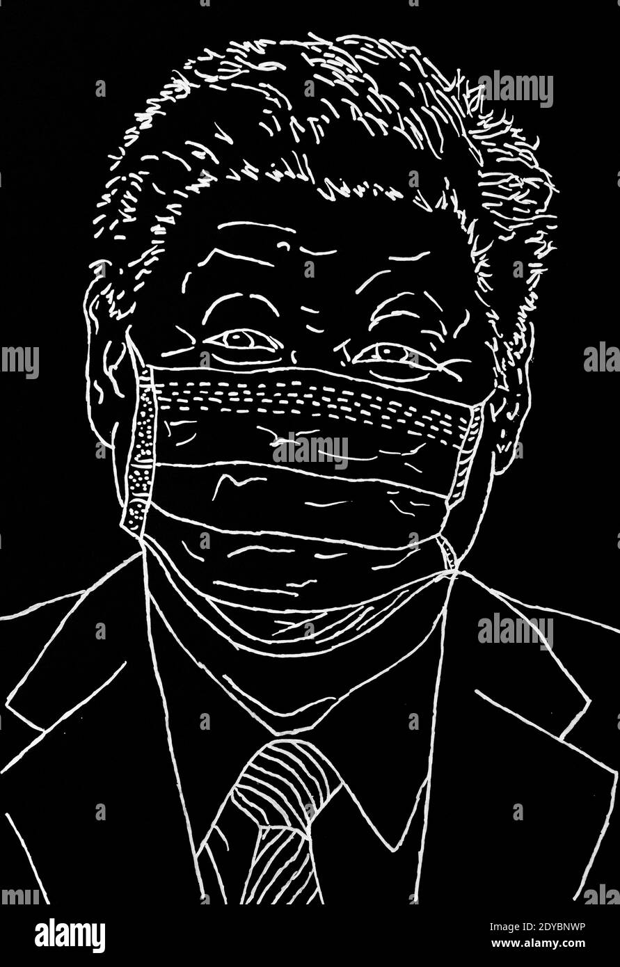 Drawing by Xi Jinping, President of the People's Republic of China, with a mask. Dessin de Xi Jinping, President de la Republique Populaire de Chine, Stock Photo