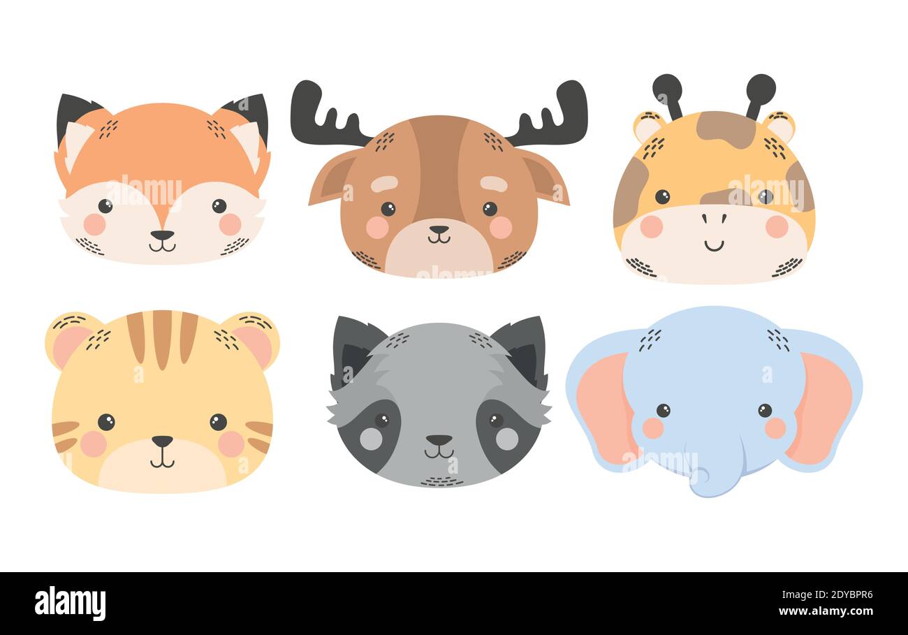 cute six animals comic cartoon characters vector illustration design Stock Vector