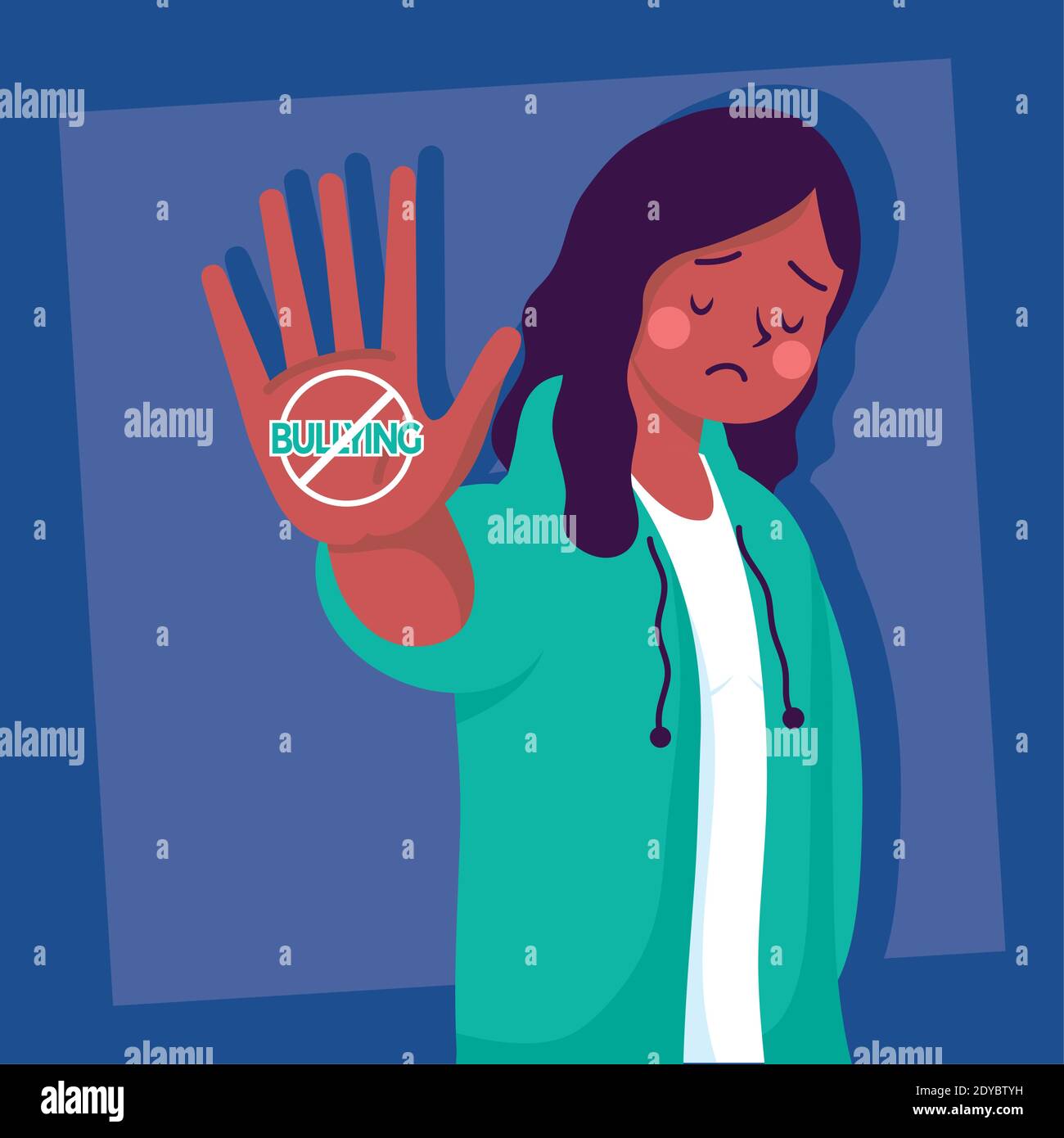 afro young woman victim of bullying with stop signal vector illustration design Stock Vector