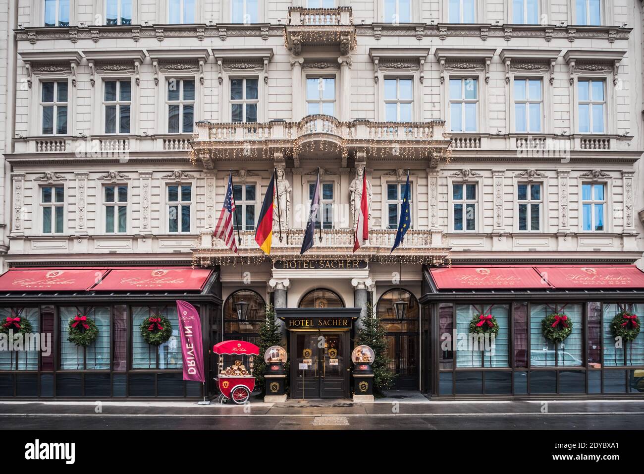 Vienna, Austria - Decembter 19 2020: Hotel Sacher Entrance, famous for its chocolate cake. Stock Photo
