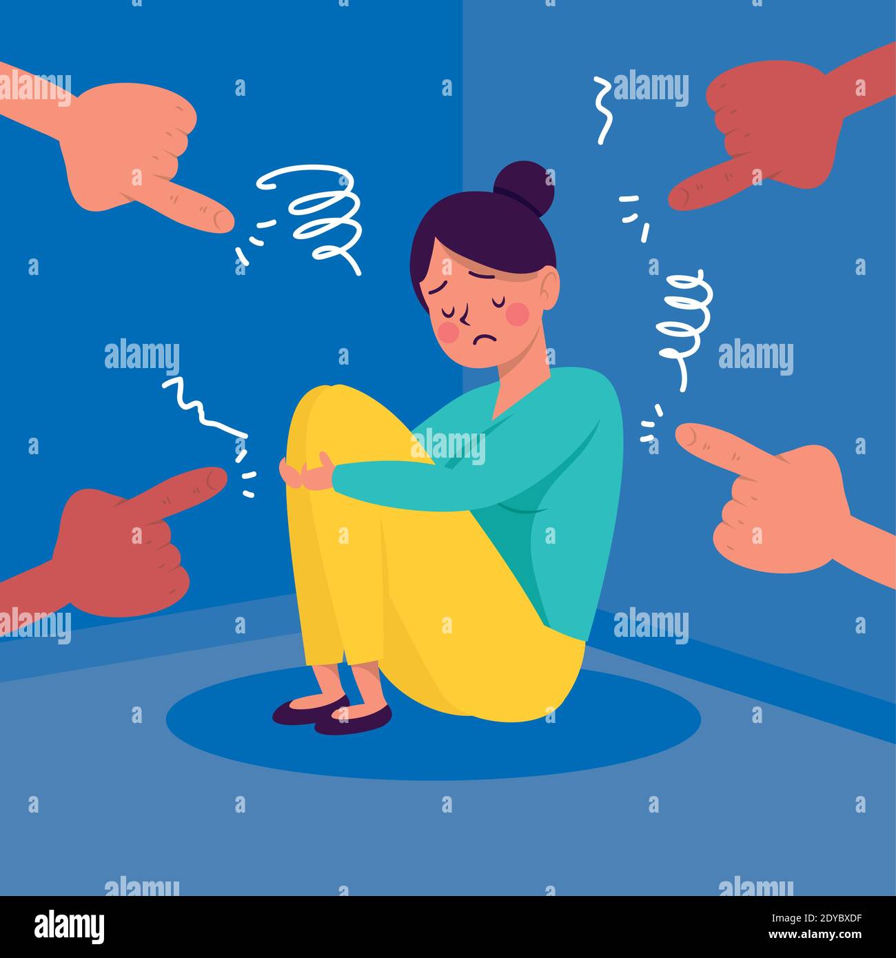 young woman seated victim of bullying with hands attacking vector illustration design Stock Vector