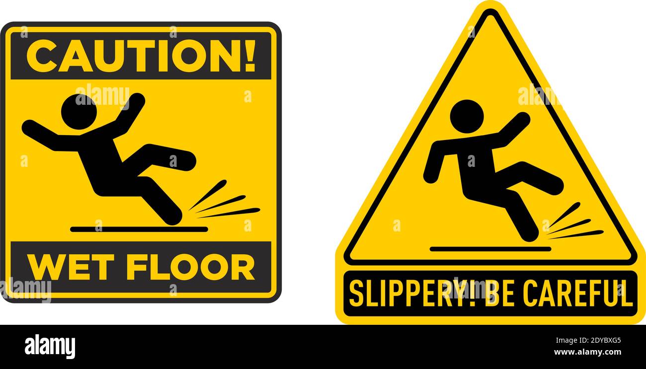 Wet Floor sign, yellow triangle and square with falling man. Isolated vector illustration on transparent background Stock Vector